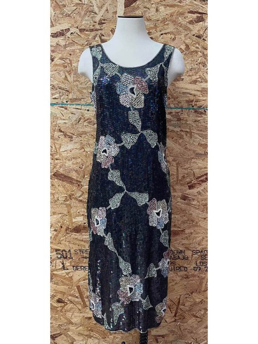 Vintage 80s / 90s Sequined Beaded Floral Cocktail Evening Dress sz XXS / XS 0/2